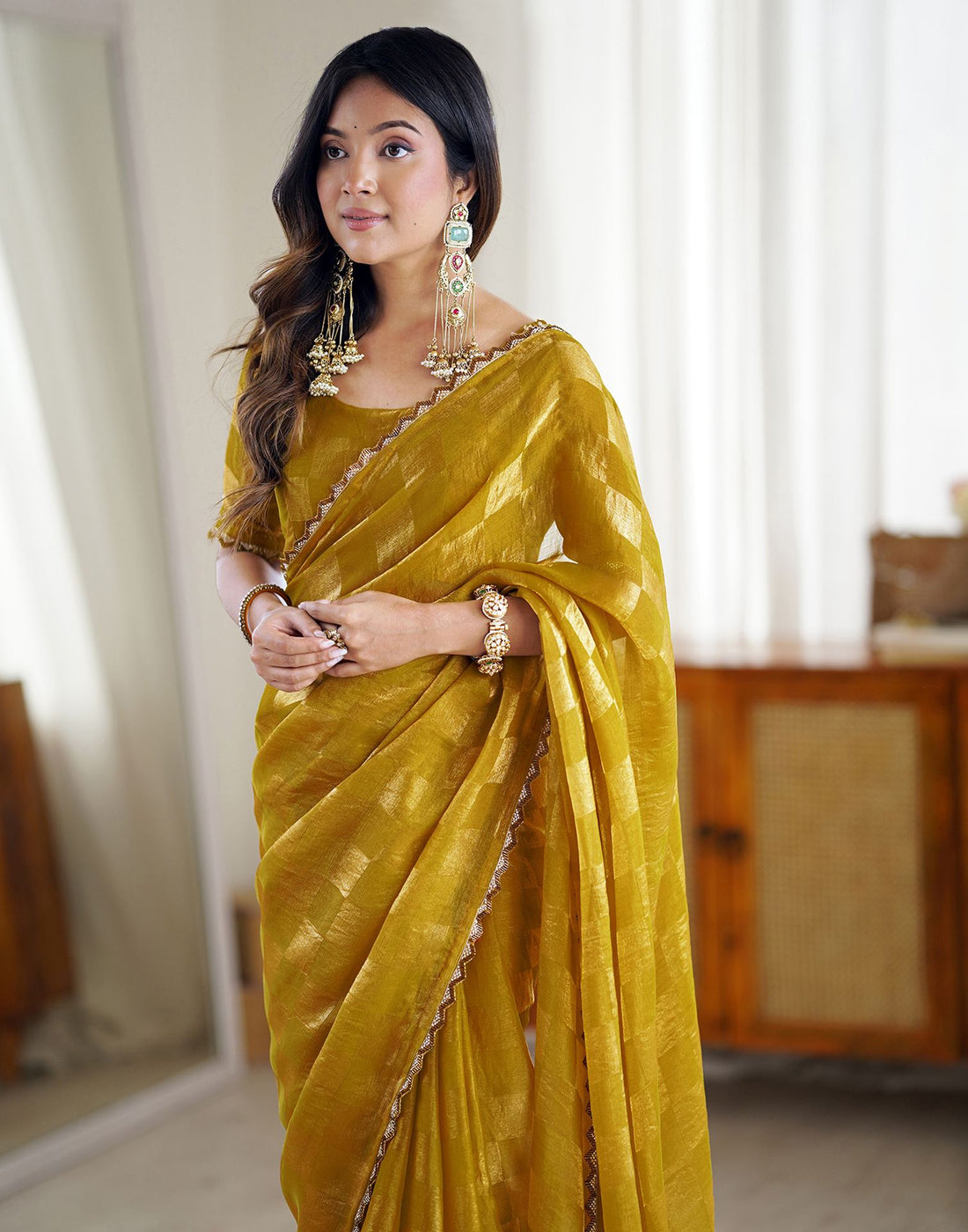 Mustard Yellow Shimmer Woven Saree