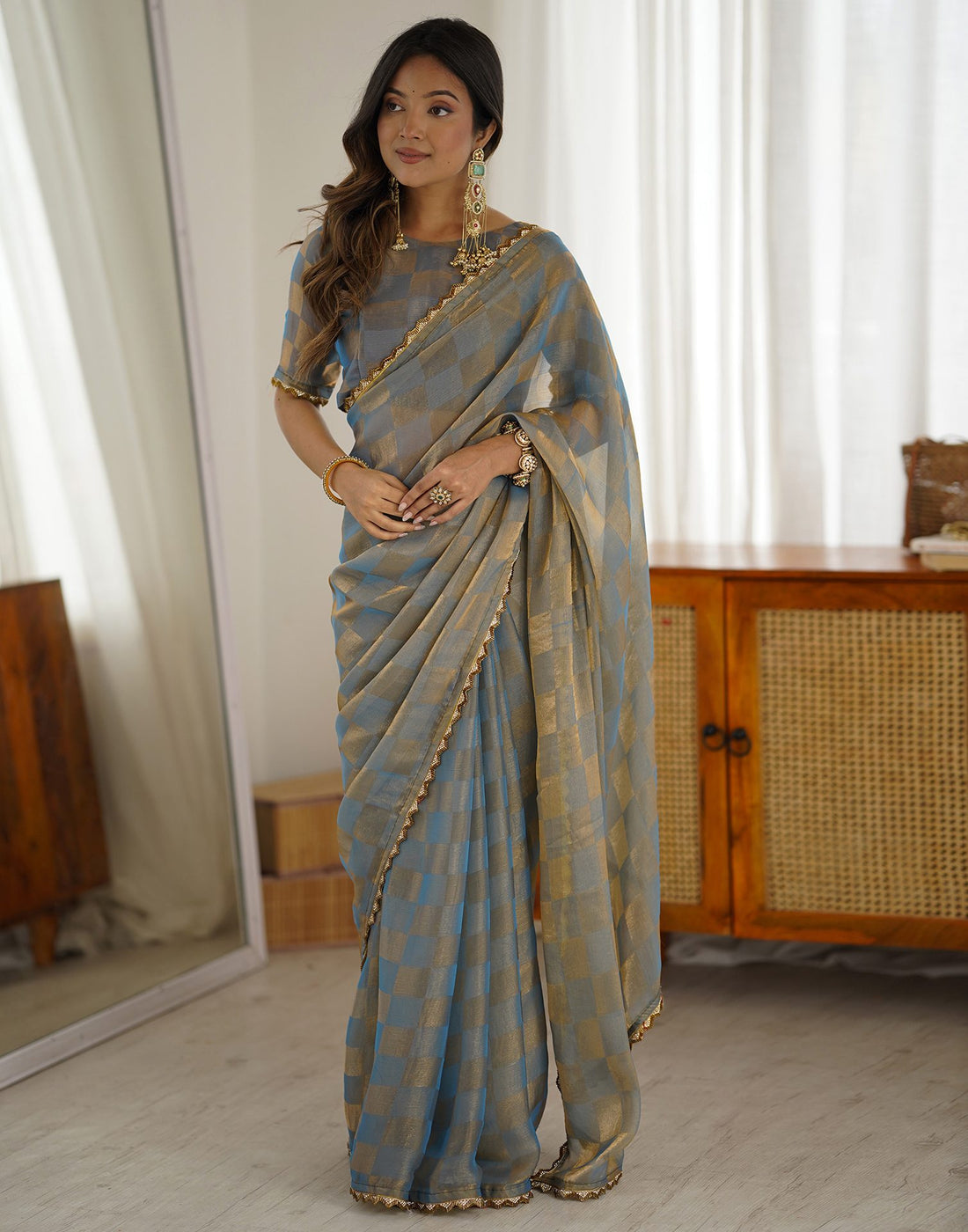Teal Blue Shimmer Woven Saree
