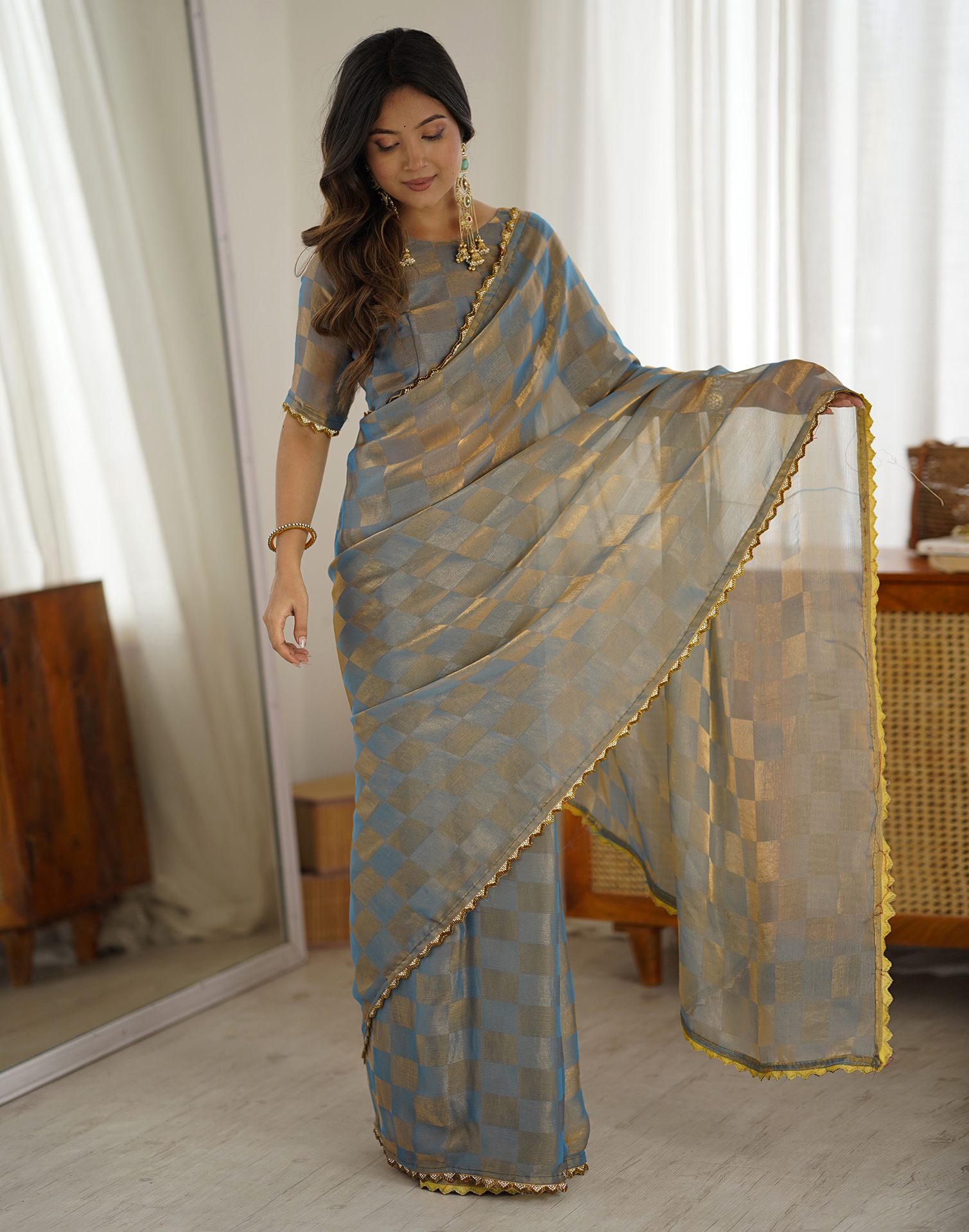 Teal Blue Shimmer Woven Saree