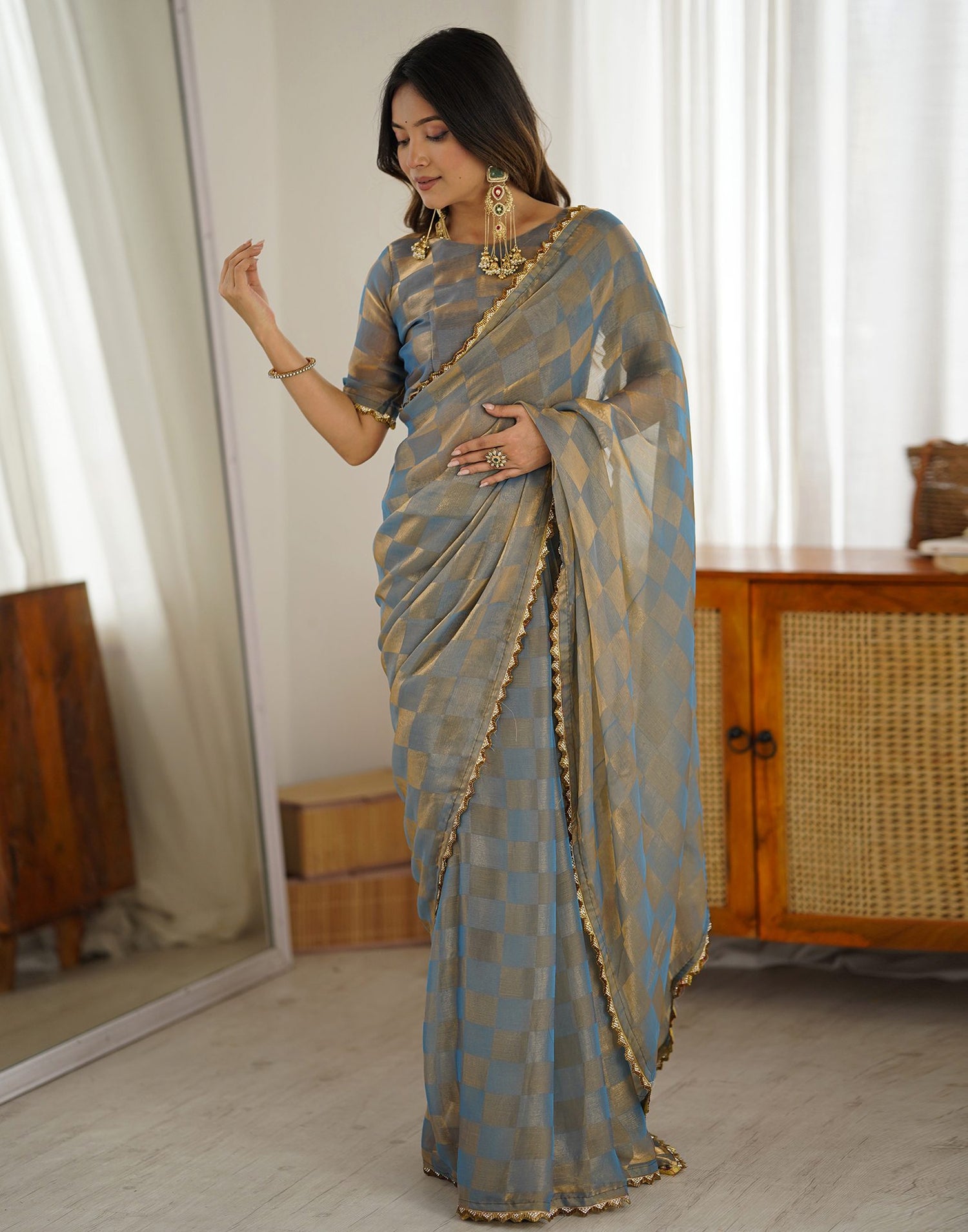 Teal Blue Shimmer Woven Saree