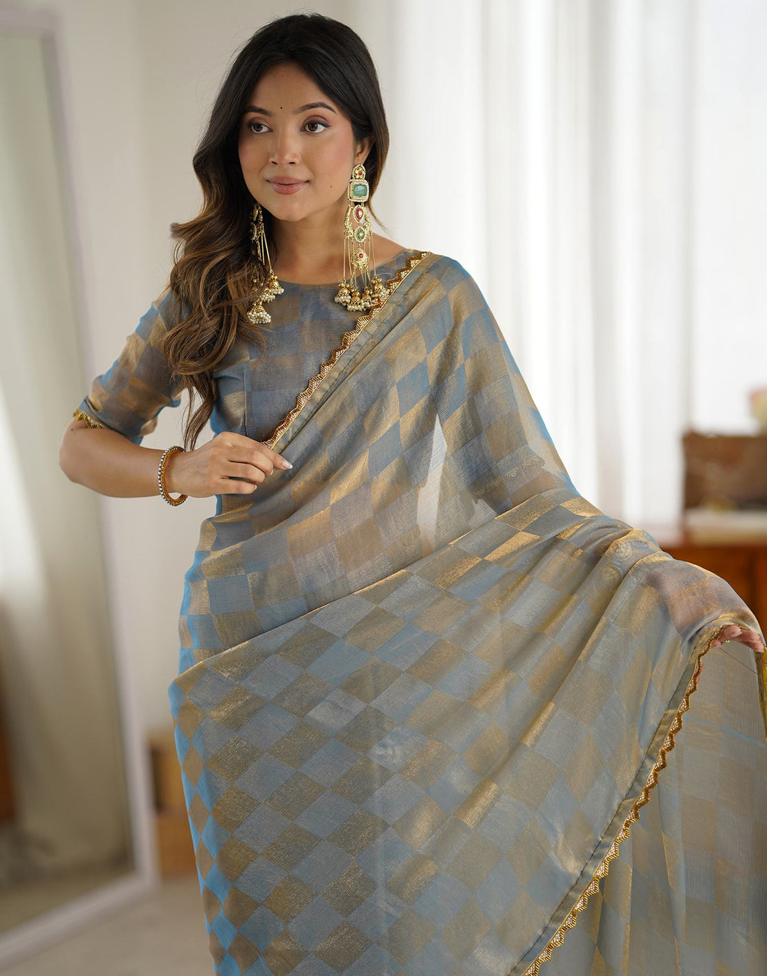 Teal Blue Shimmer Woven Saree