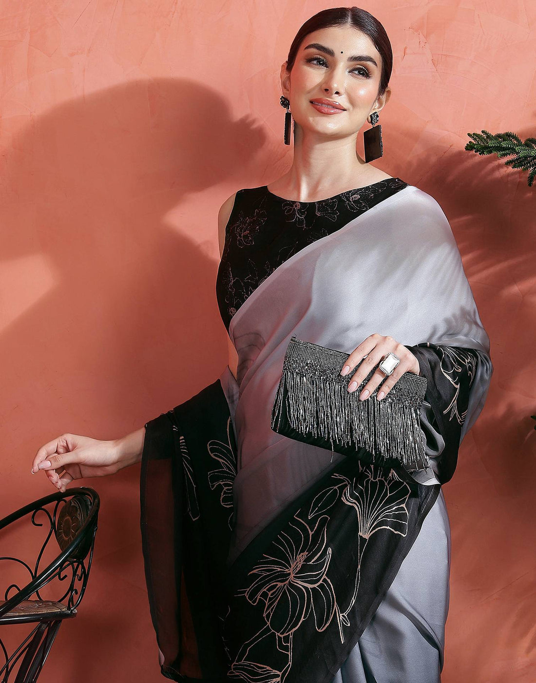 Grey Satin Printed Saree