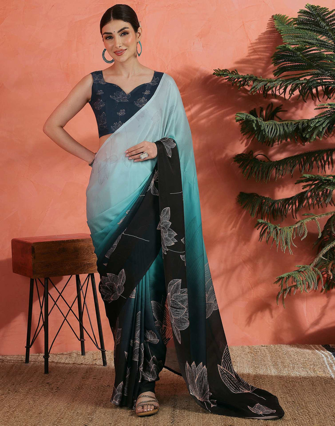 Opal Blue Satin Printed Saree