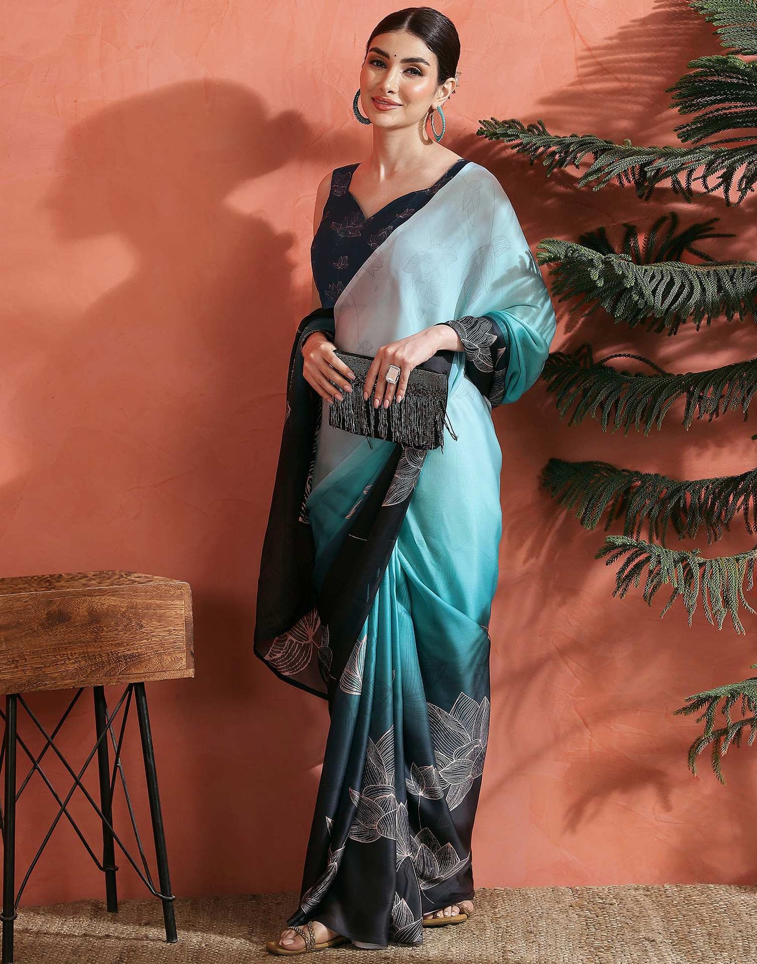 Opal Blue Satin Printed Saree