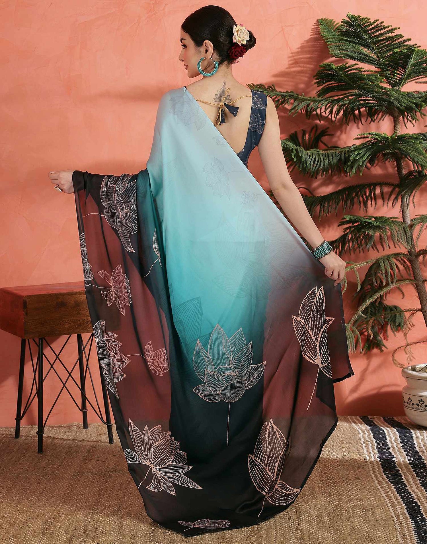 Opal Blue Satin Printed Saree