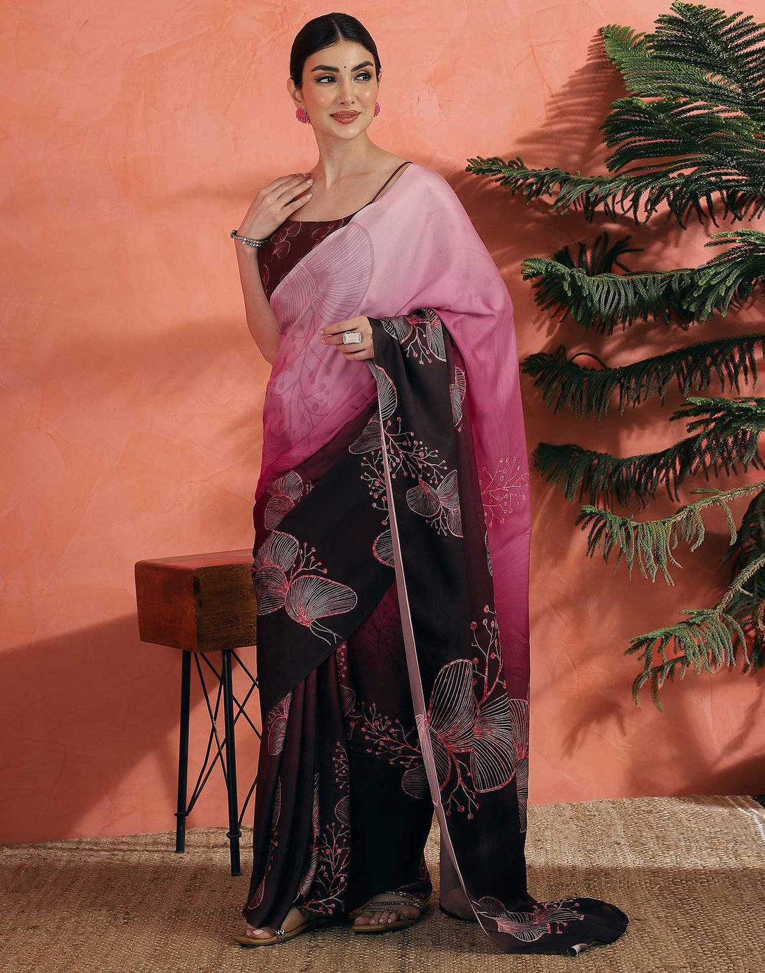 Rose Pink Satin Printed Saree