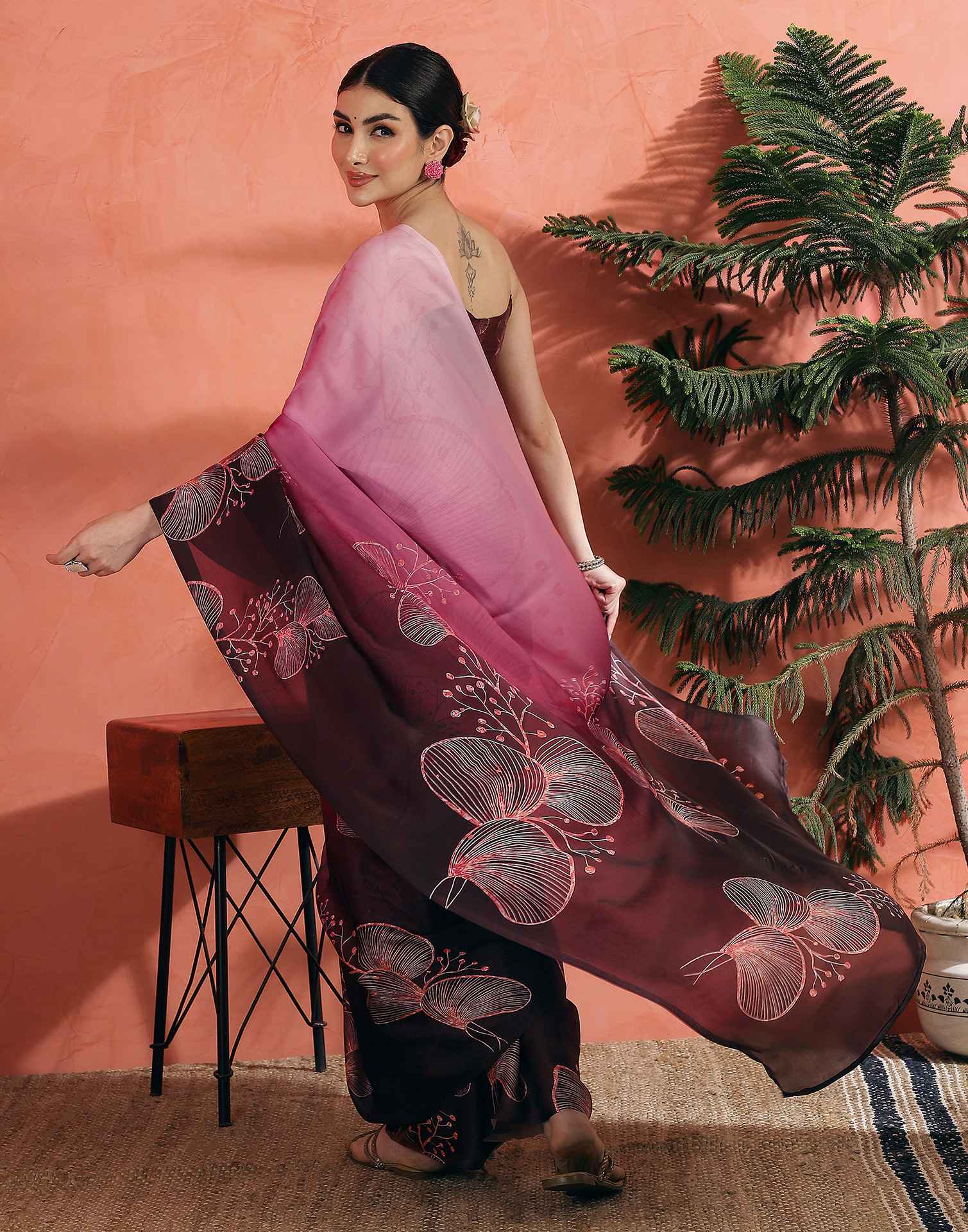 Rose Pink Satin Printed Saree