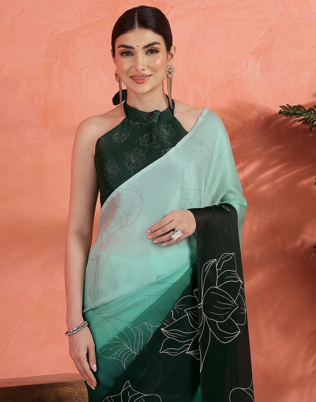 Sea Green Satin Printed Saree