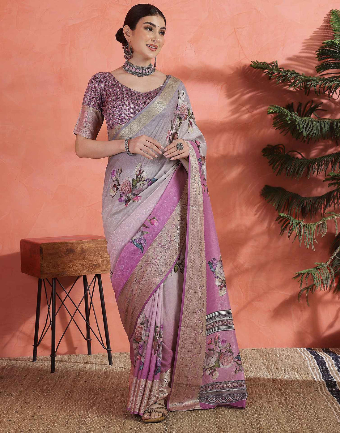 Grey Silk Printed Saree