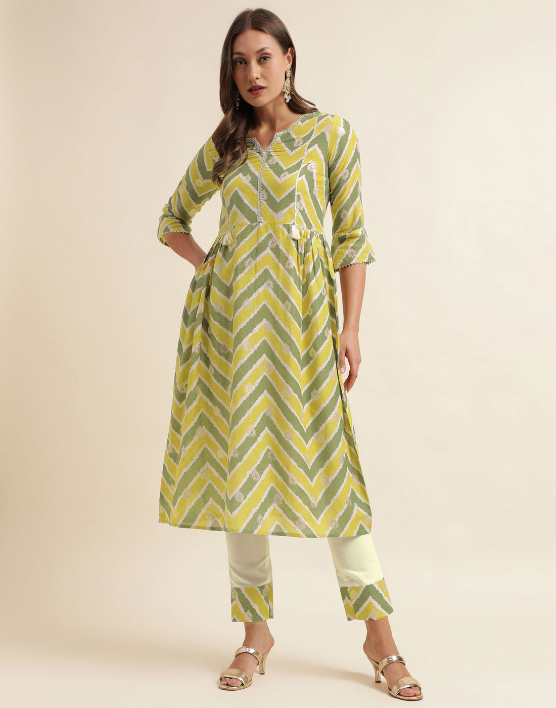 Green Printed Cotton A-Line Kurta With Pant