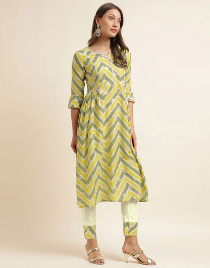 Green Printed Cotton A-Line Kurta With Pant