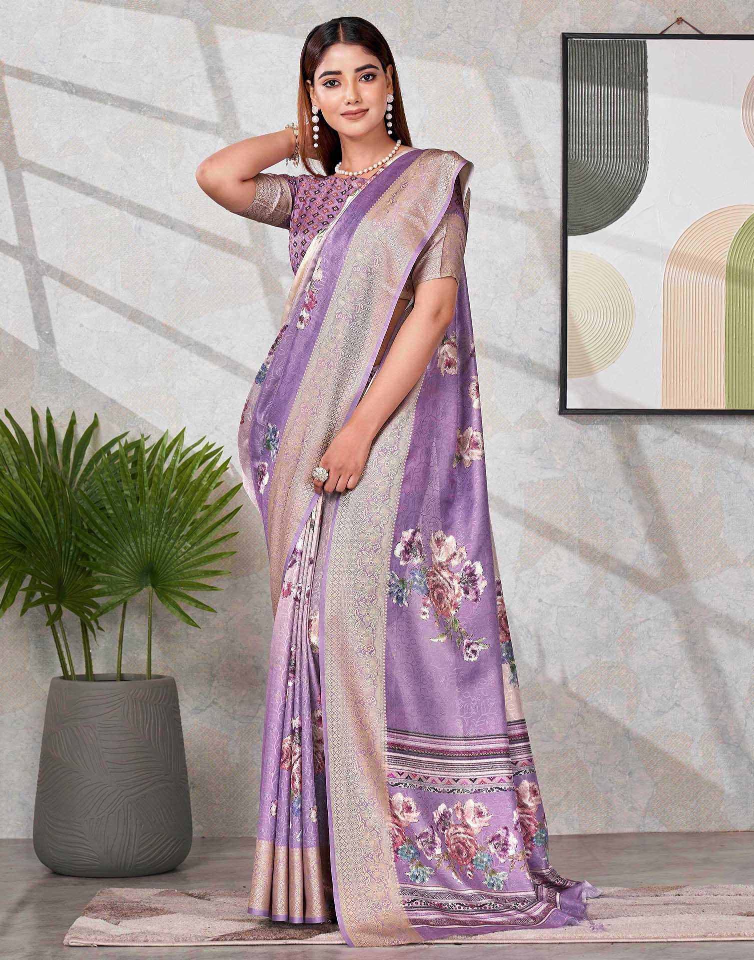 Purple Silk Printed Saree