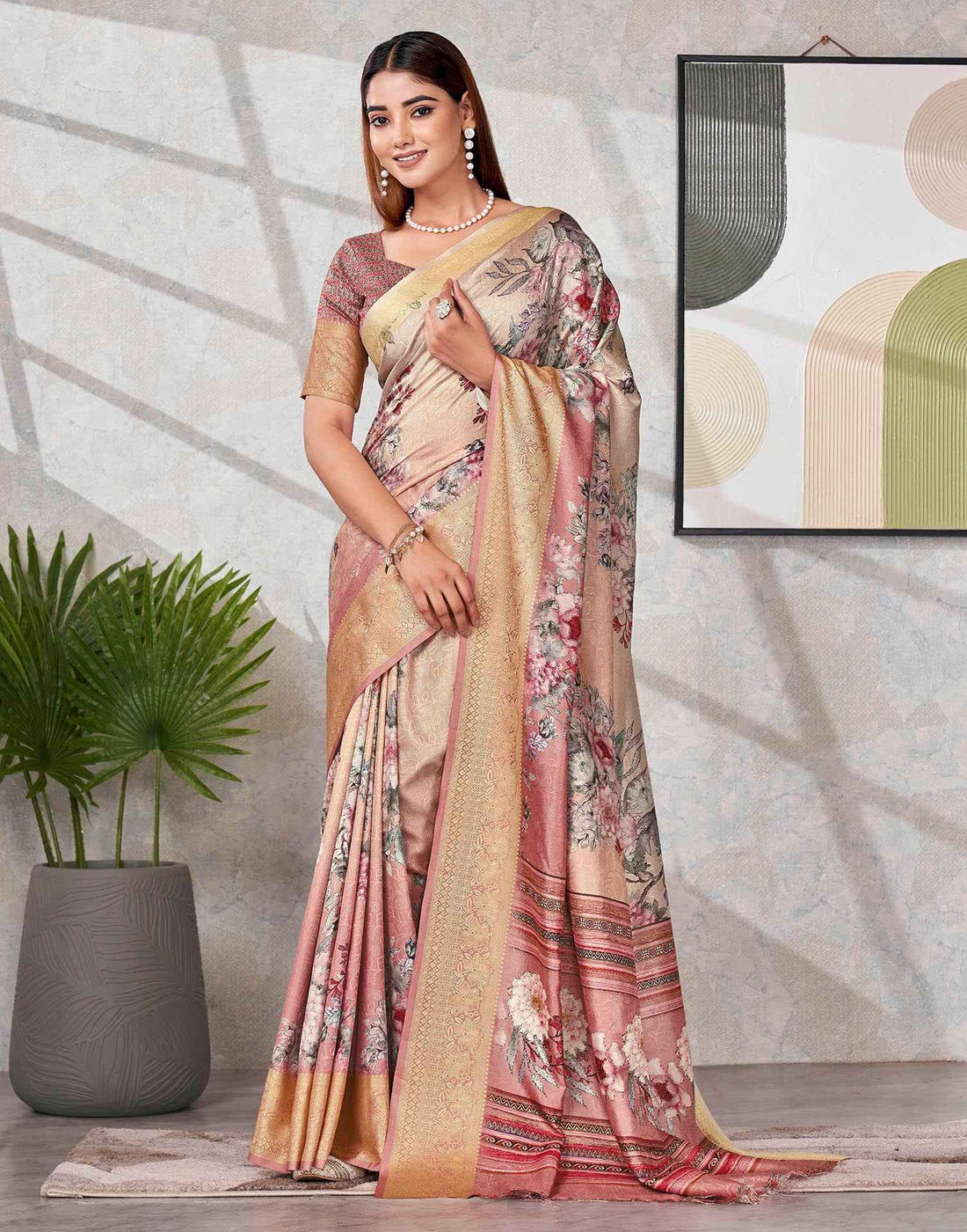 Peach Silk Printed Saree