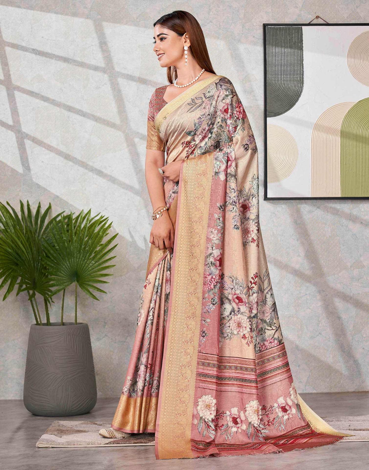 Peach Silk Printed Saree