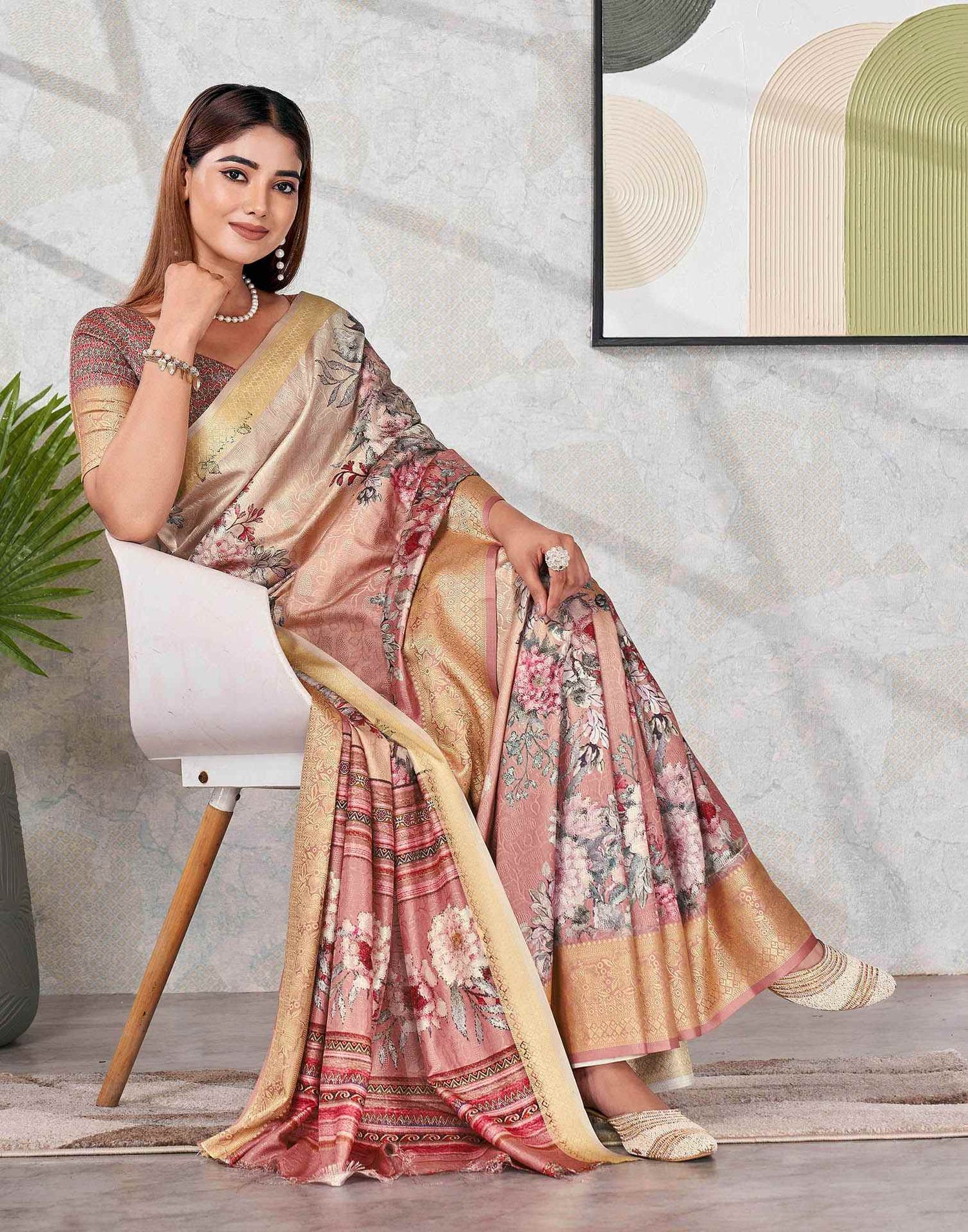 Peach Silk Printed Saree