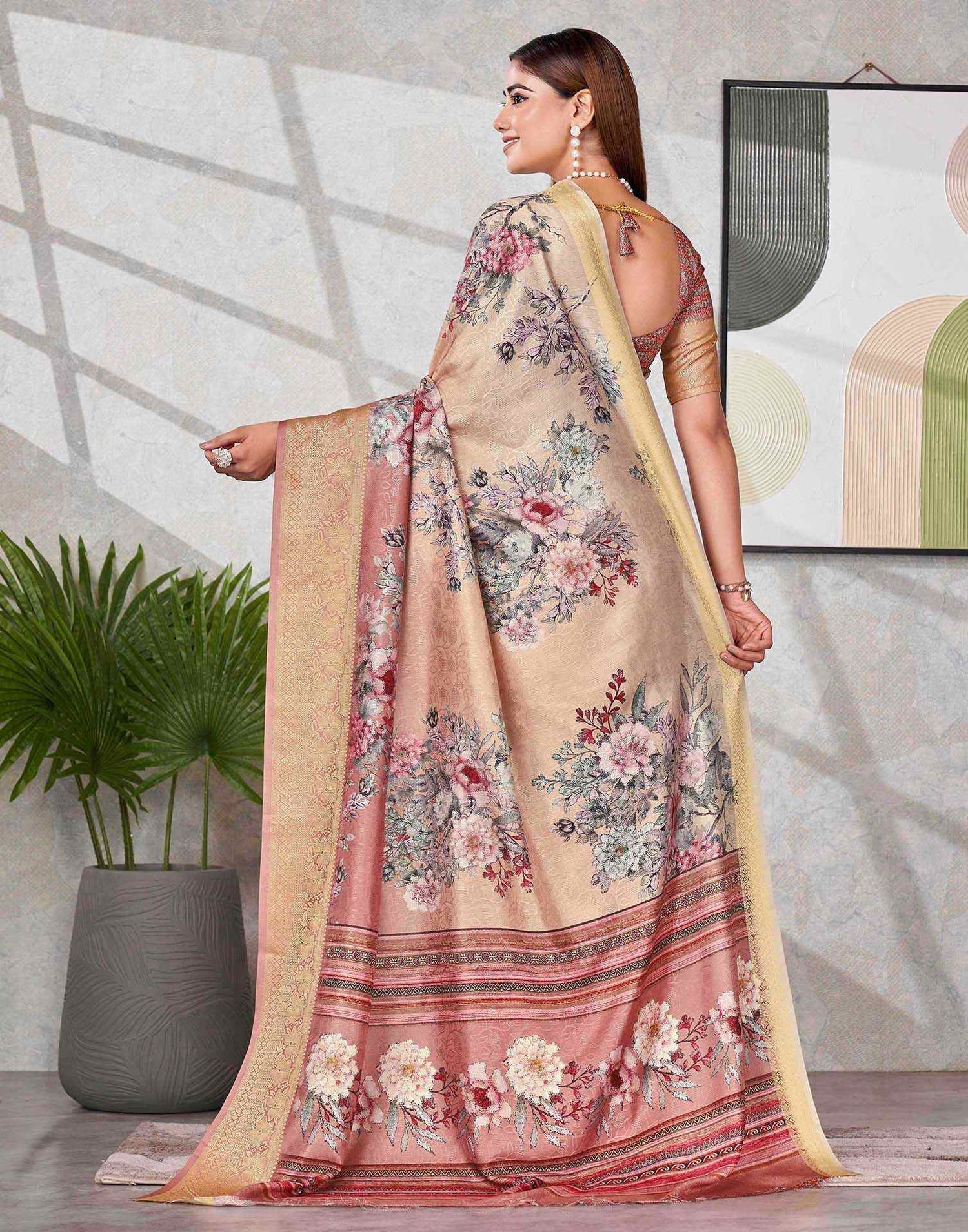 Peach Silk Printed Saree