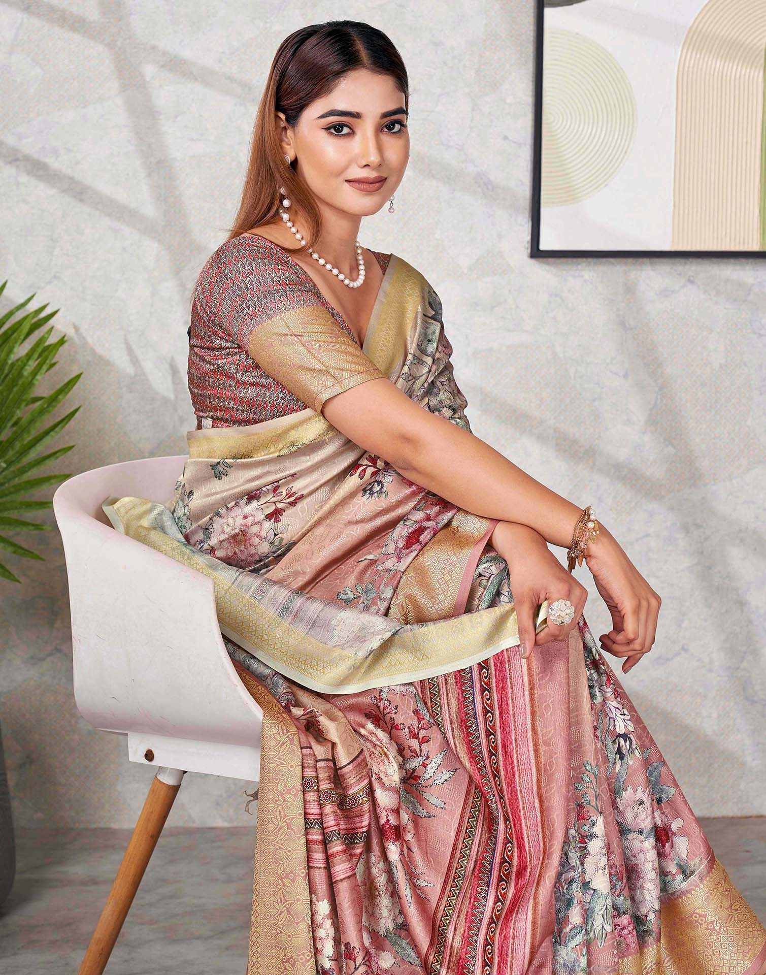 Peach Silk Printed Saree