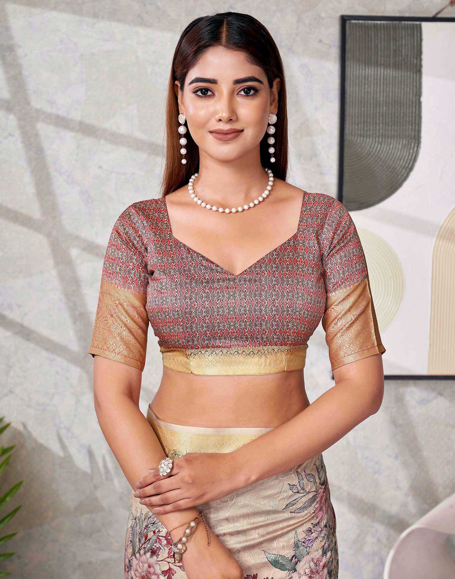 Peach Silk Printed Saree