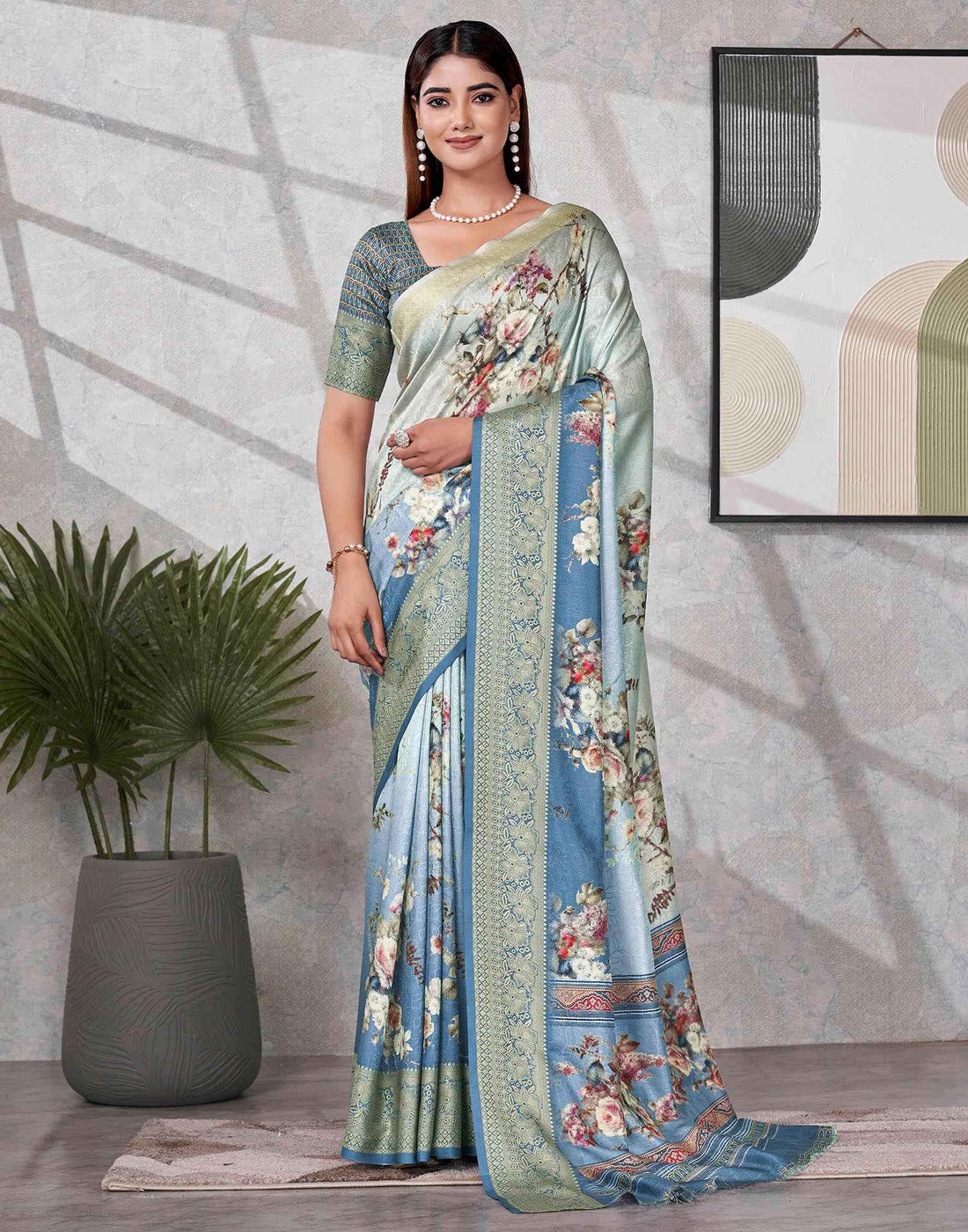 Teal Blue Silk Printed Saree