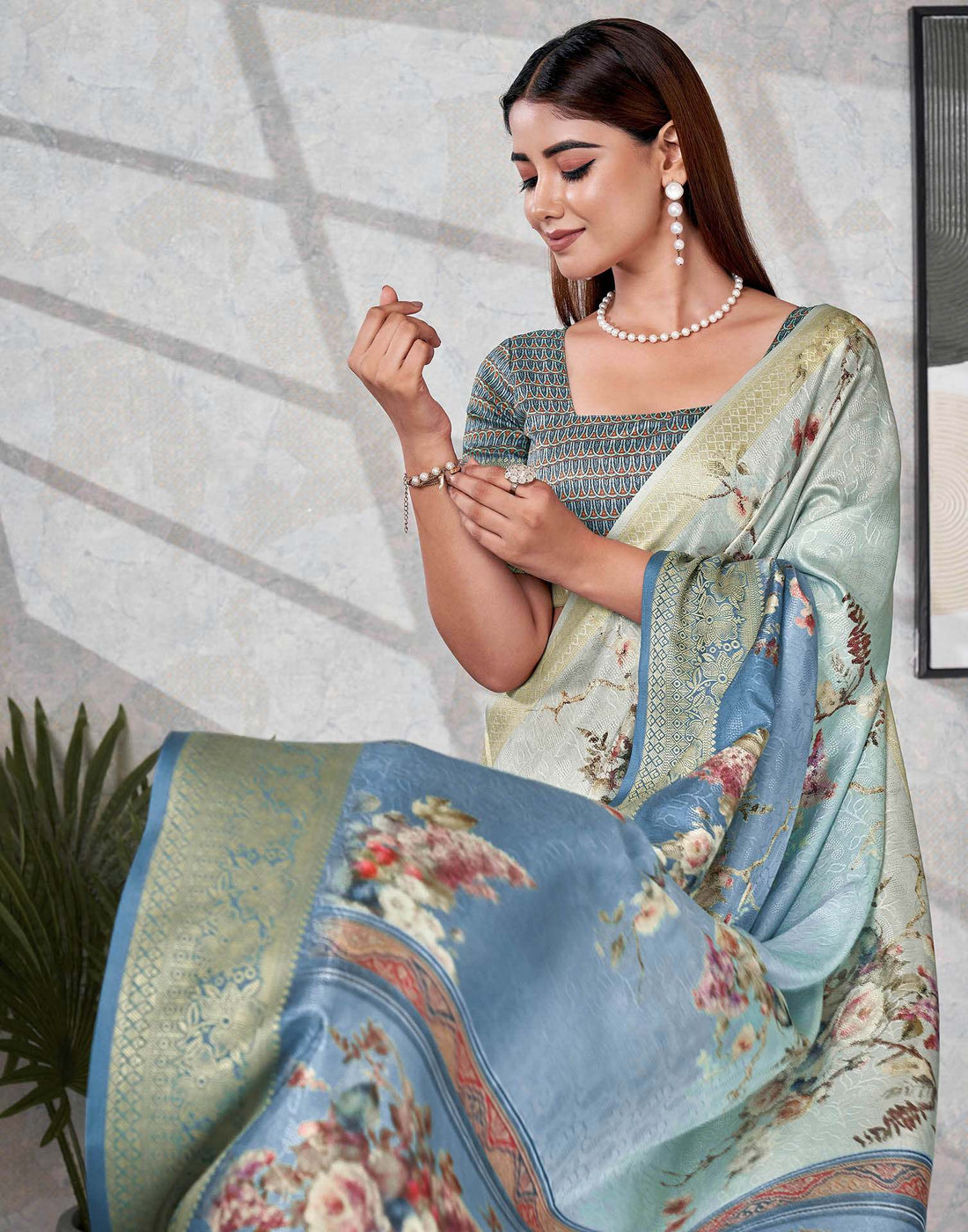 Teal Blue Silk Printed Saree
