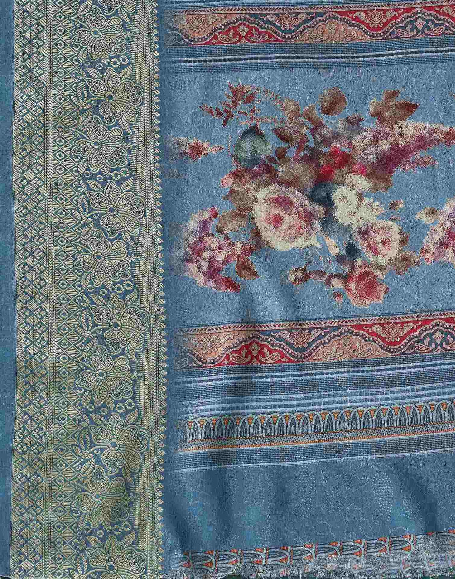 Teal Blue Silk Printed Saree