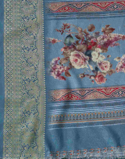 Teal Blue Silk Printed Saree