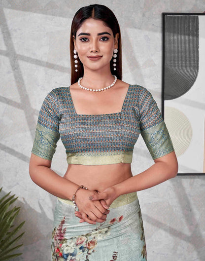 Teal Blue Silk Printed Saree