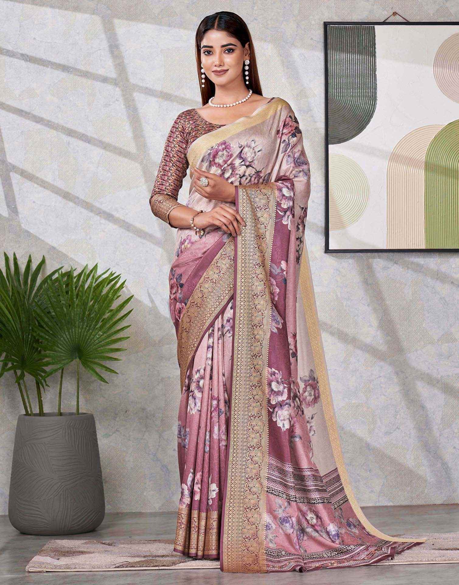 Dark Mauve Silk Printed Saree