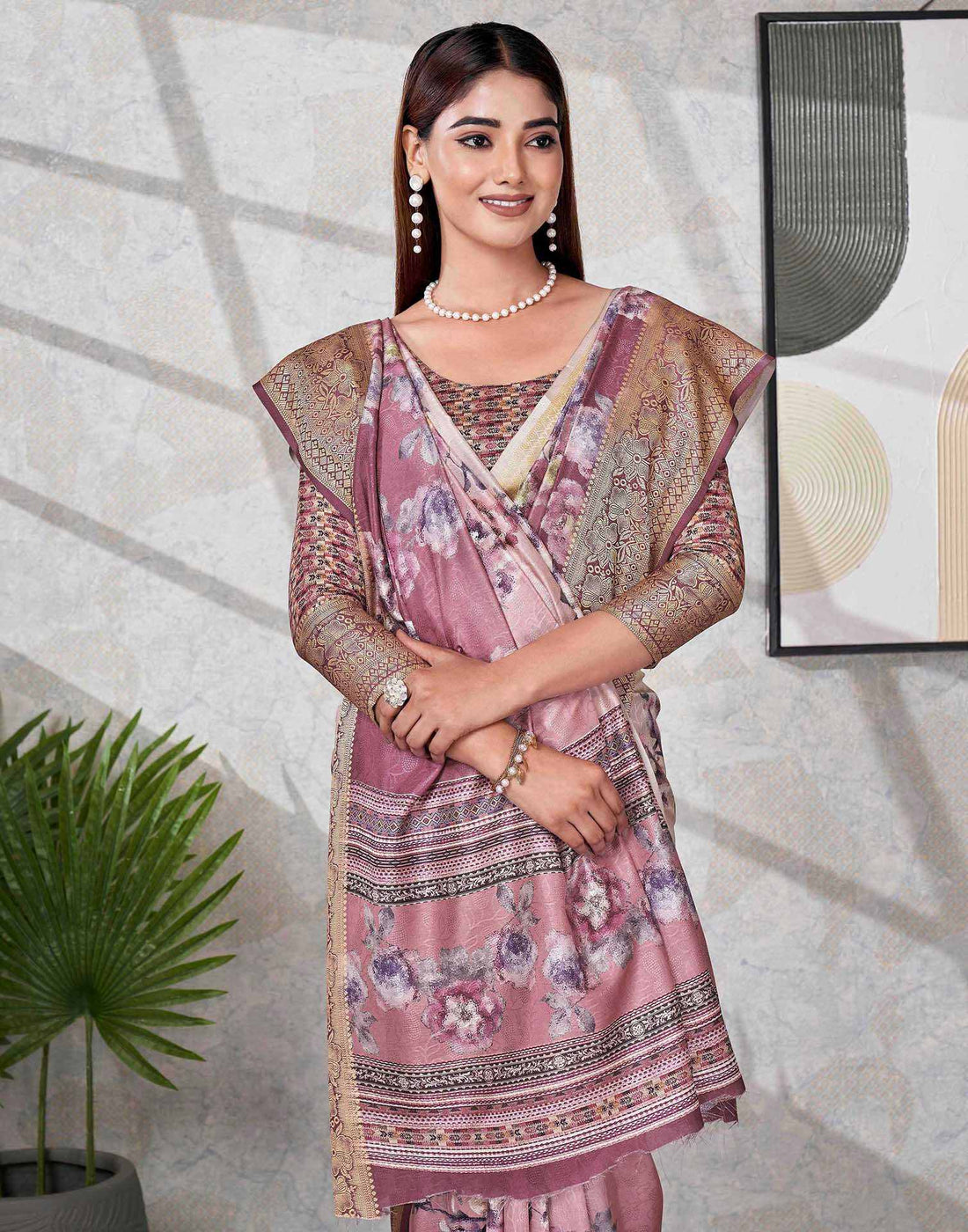 Dark Mauve Silk Printed Saree
