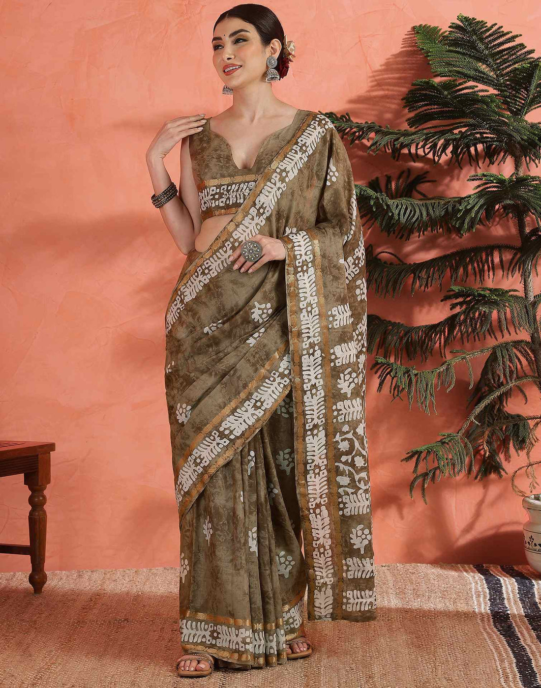 Brown Cotton Printed Saree