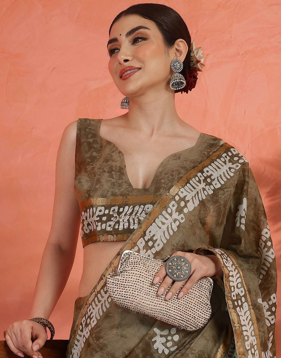 Brown Cotton Printed Saree