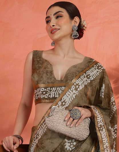 Brown Cotton Printed Saree