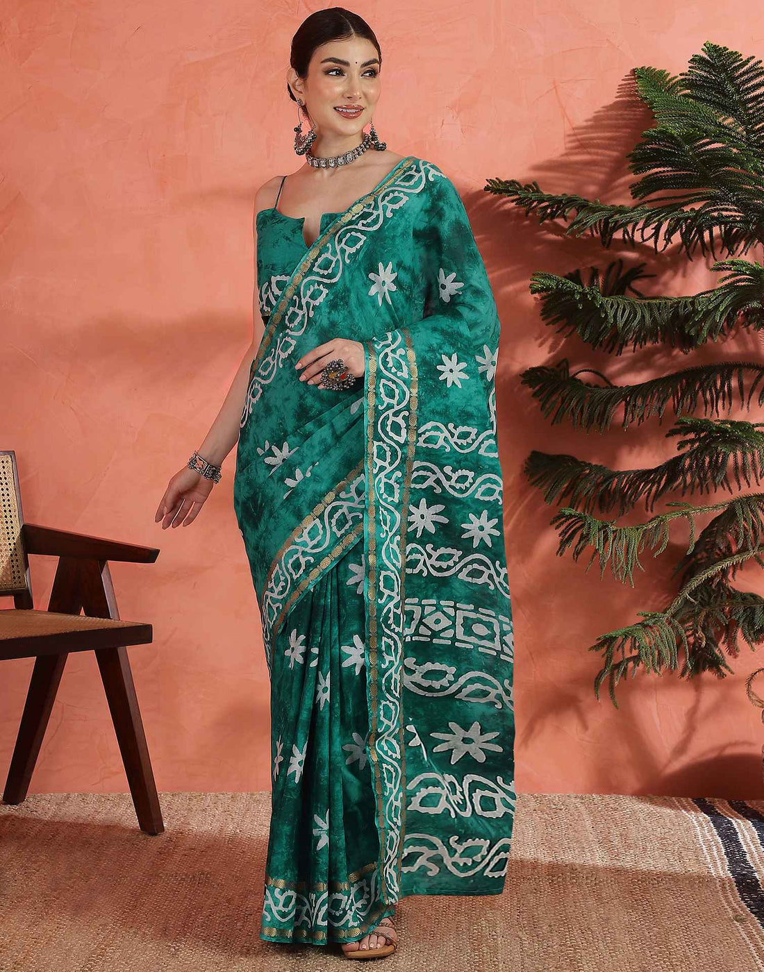 Teal Green Cotton Printed Saree