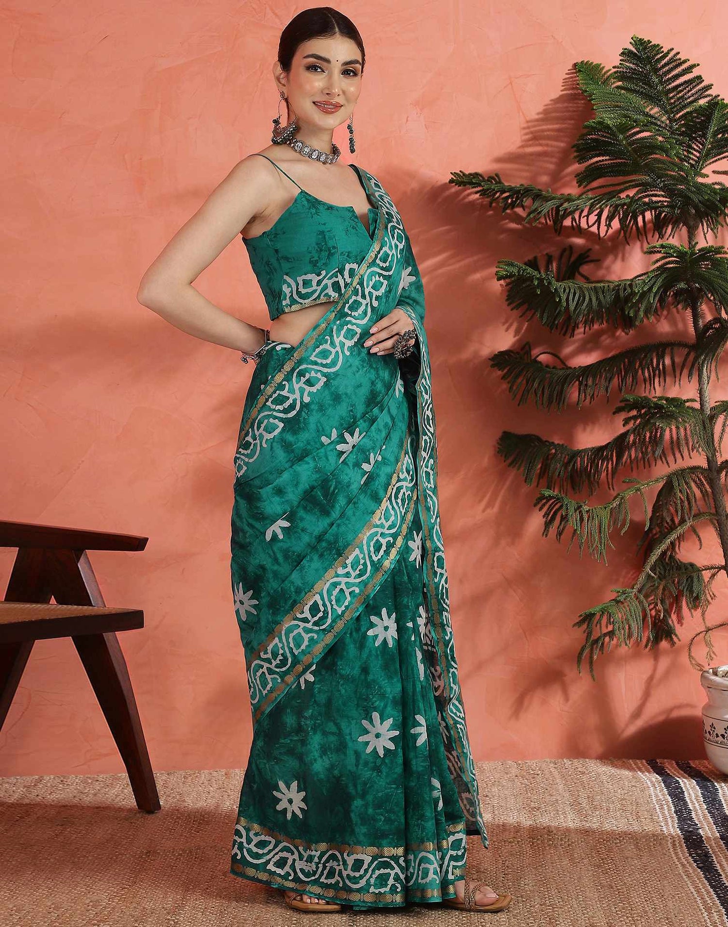 Teal Green Cotton Printed Saree