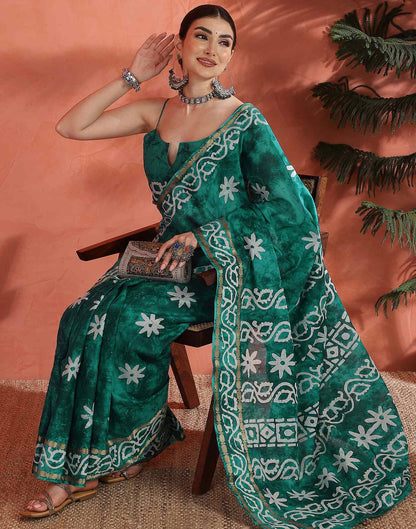 Teal Green Cotton Printed Saree