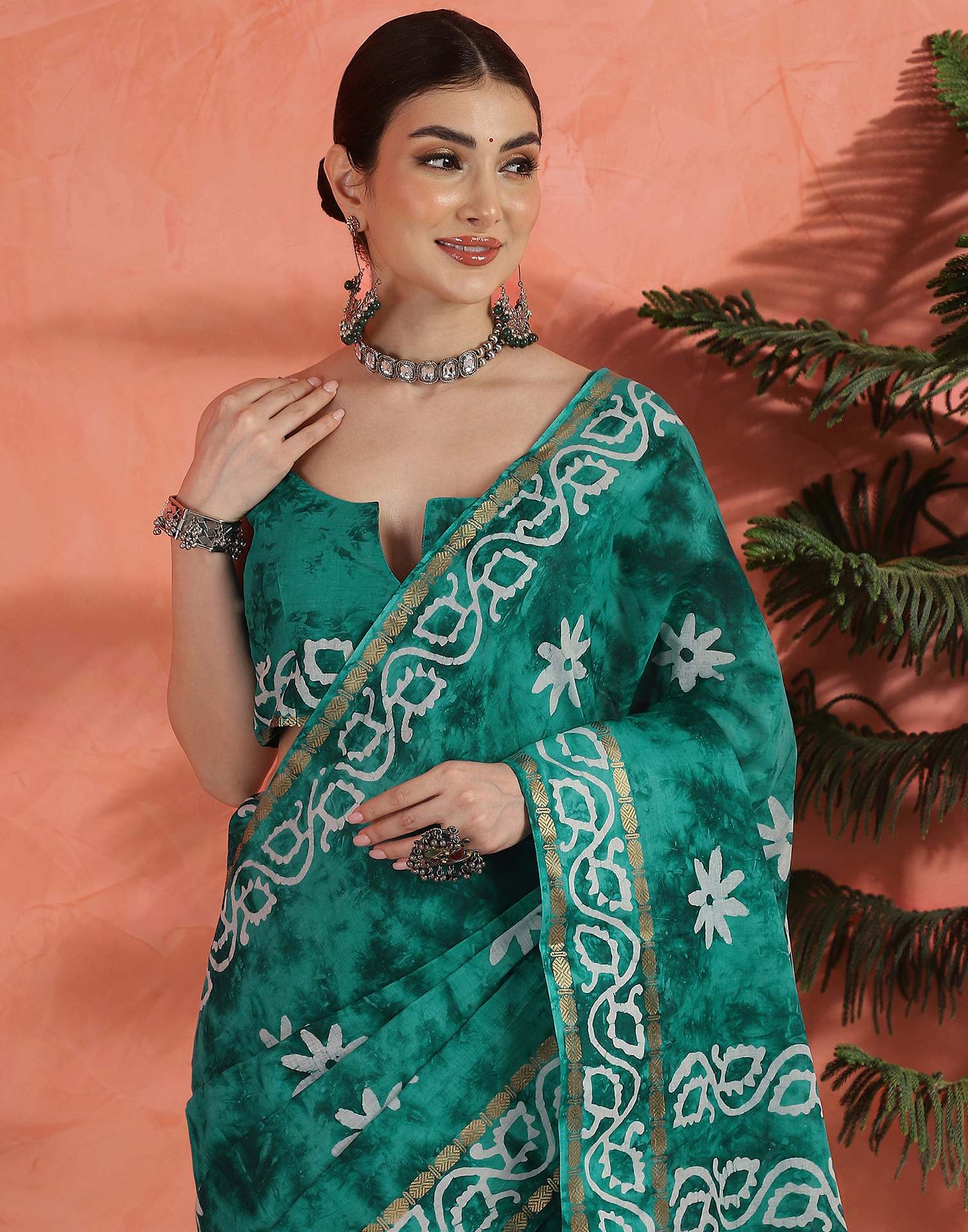 Teal Green Cotton Printed Saree