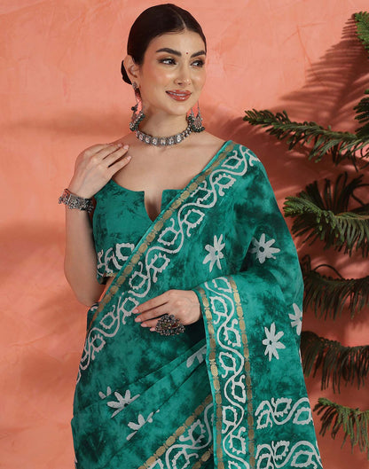 Teal Green Cotton Printed Saree