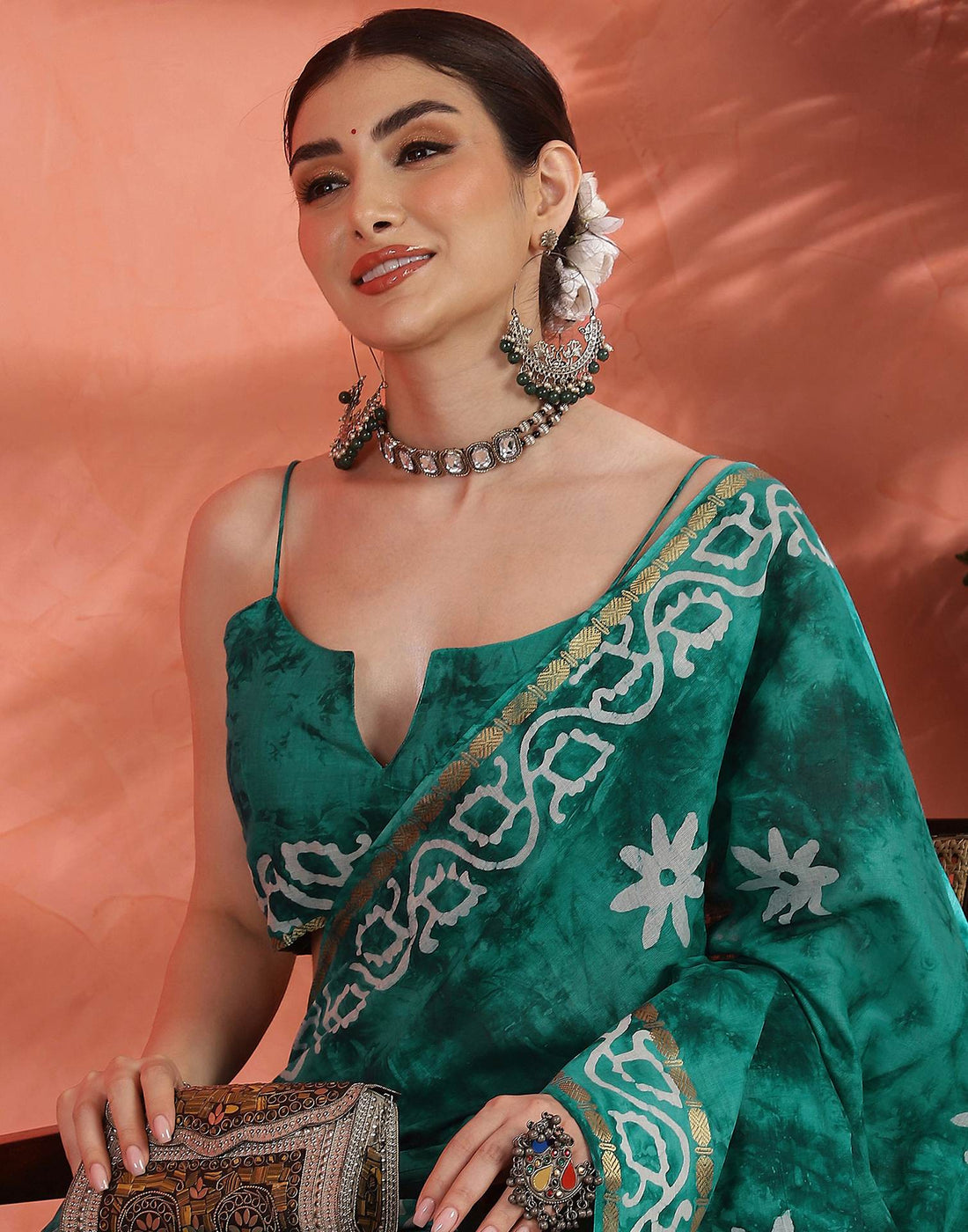 Teal Green Cotton Printed Saree