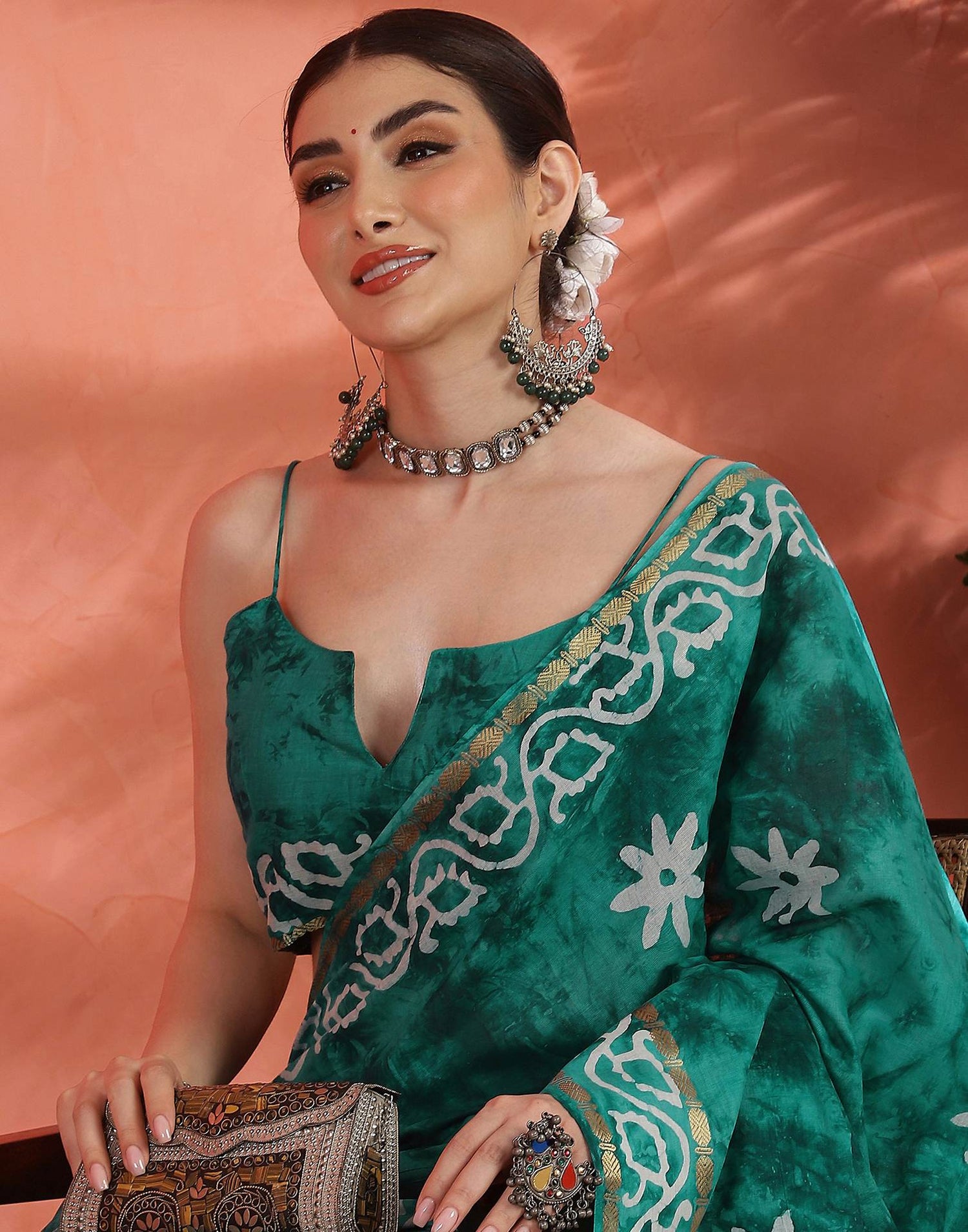 Teal Green Cotton Printed Saree