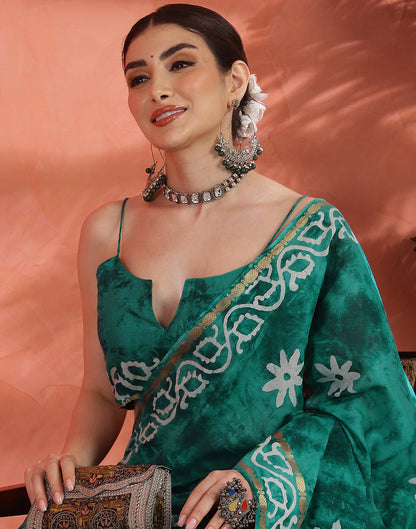 Teal Green Cotton Printed Saree