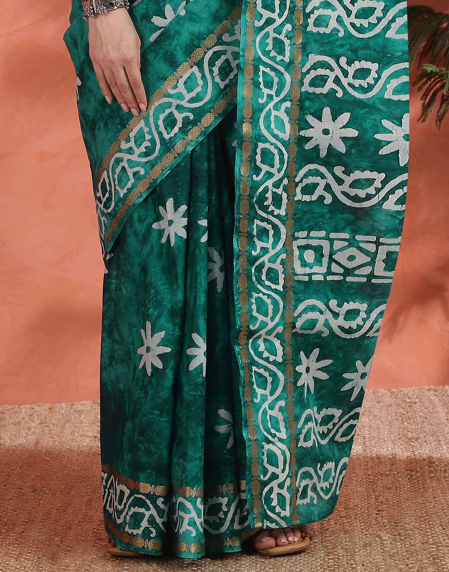 Teal Green Cotton Printed Saree