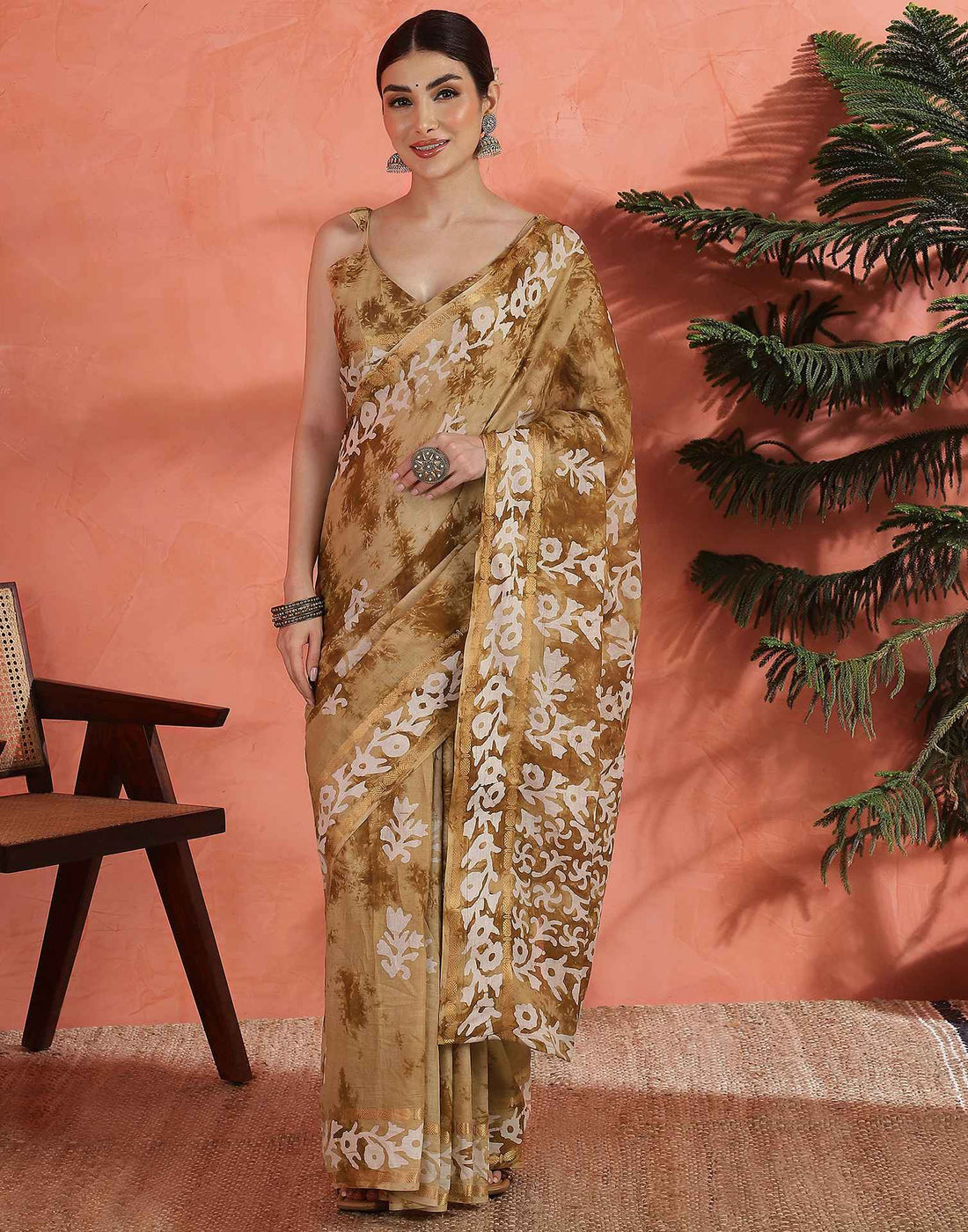Brown Cotton Printed Saree