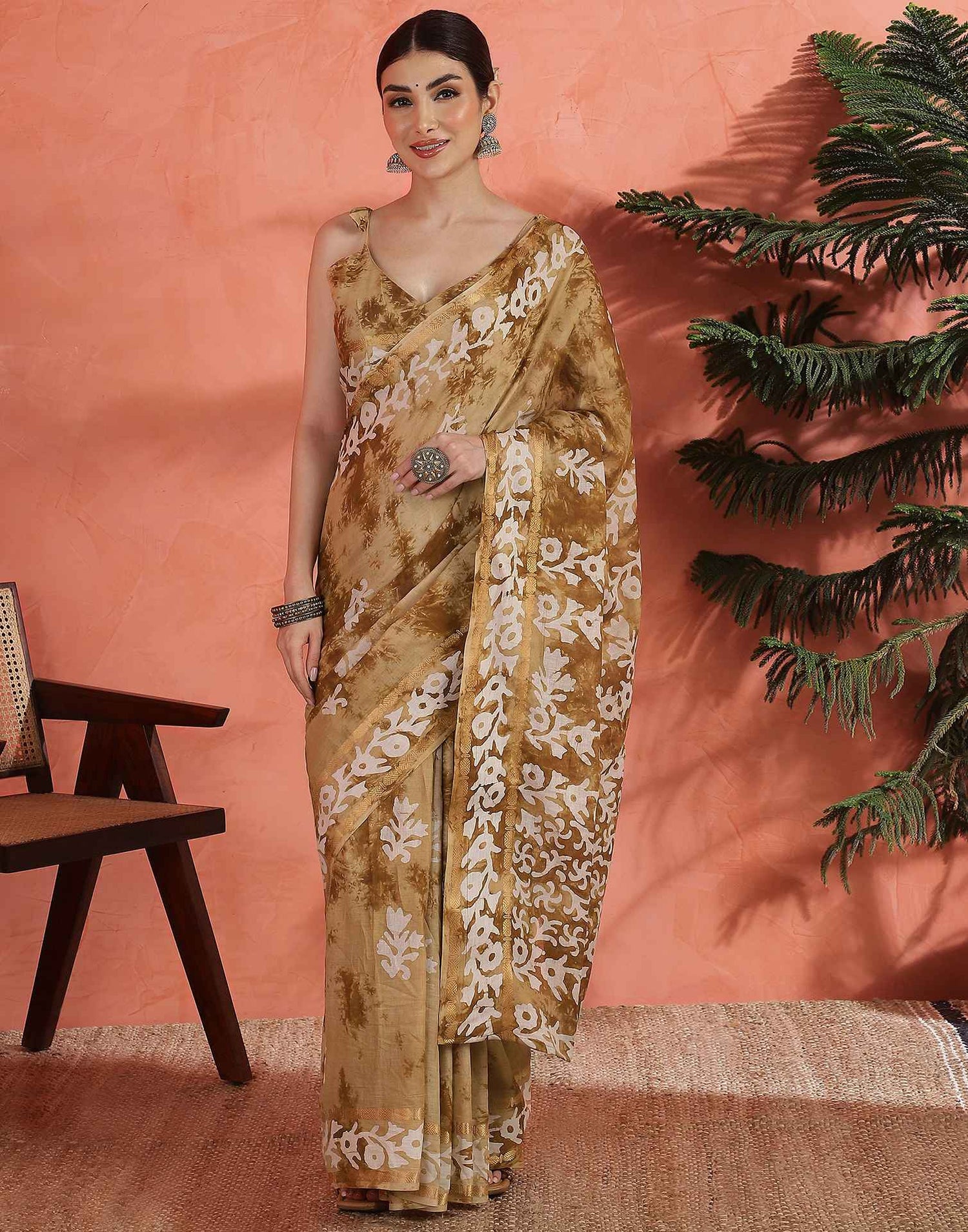 Brown Cotton Printed Saree