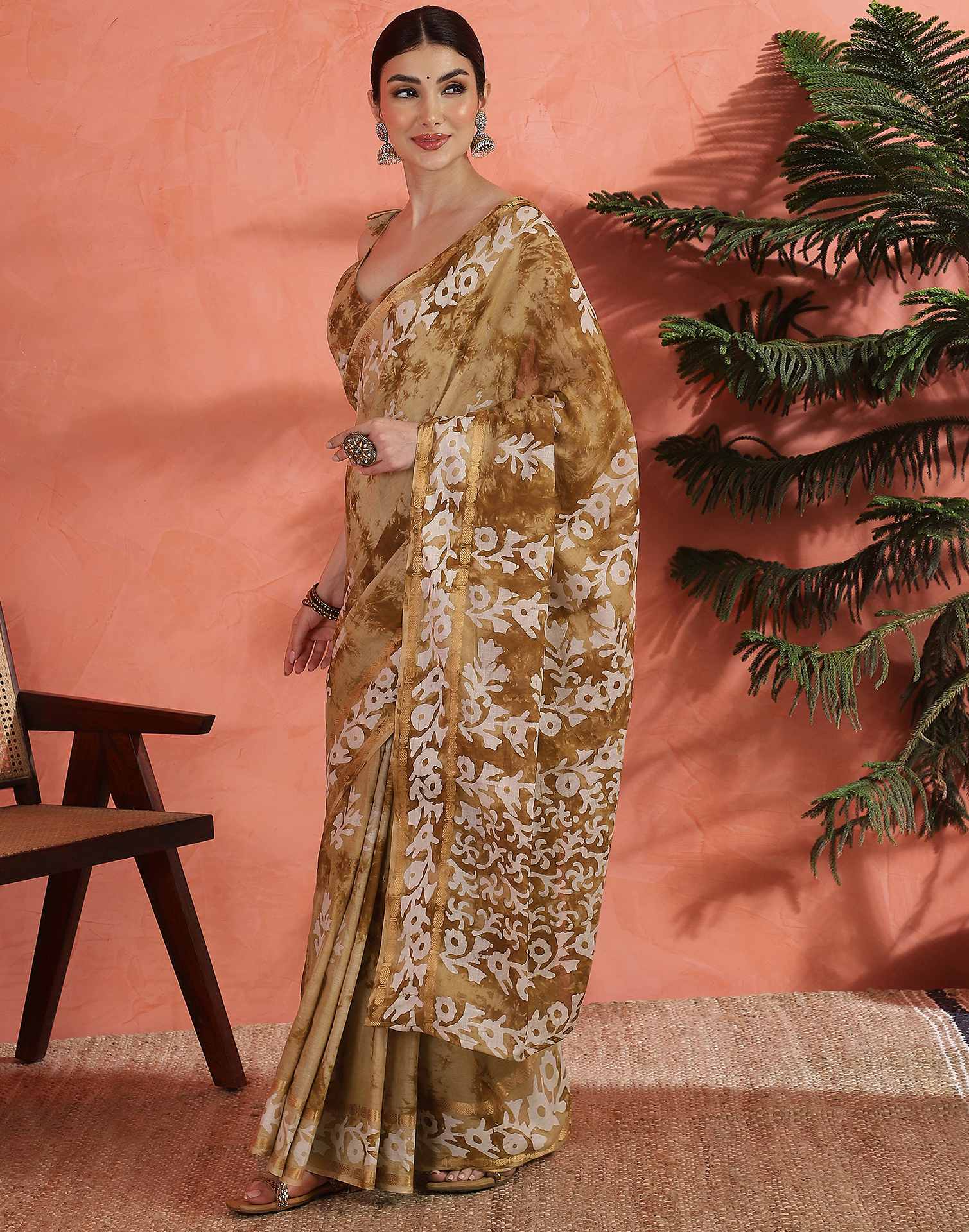 Brown Cotton Printed Saree