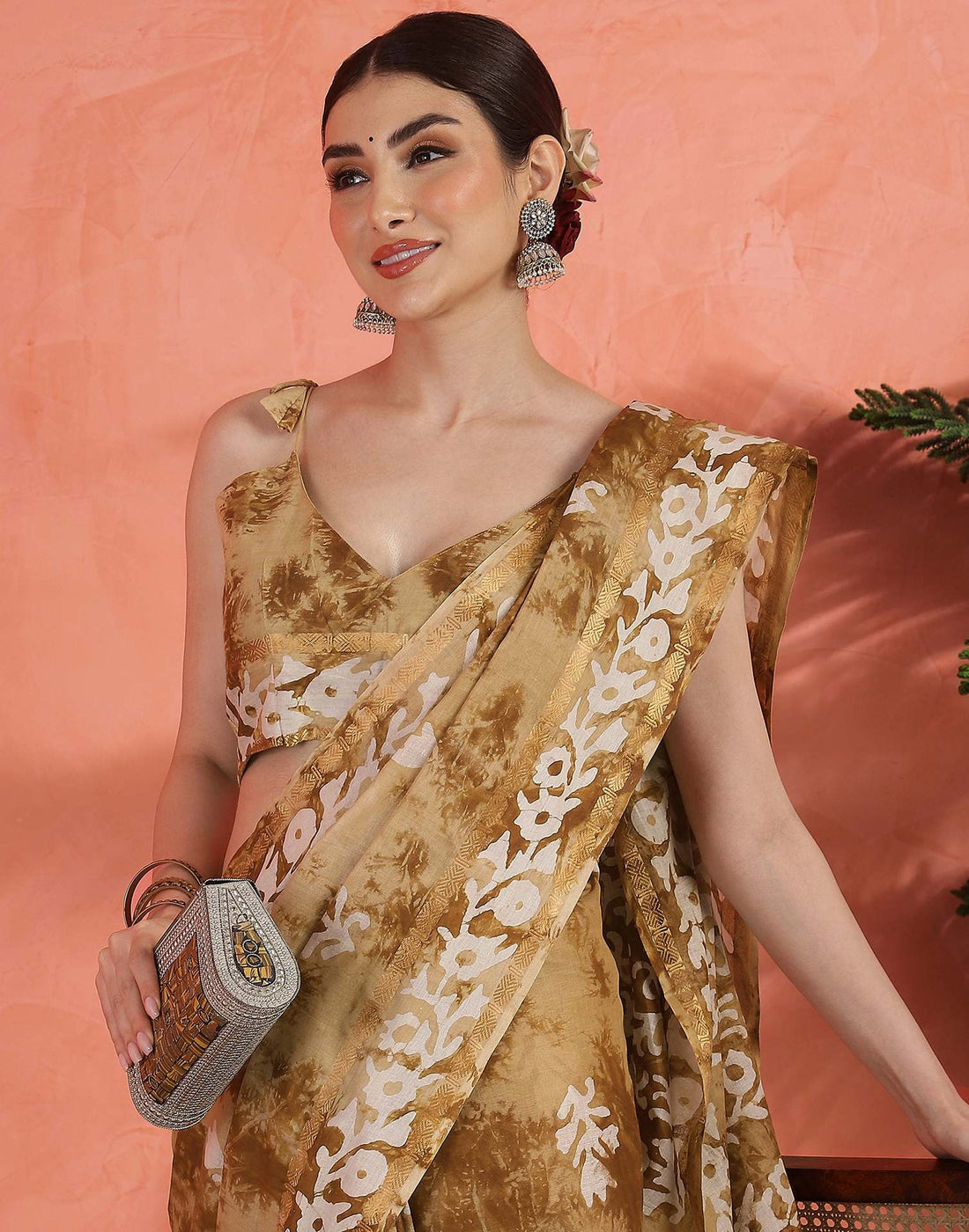Brown Cotton Printed Saree