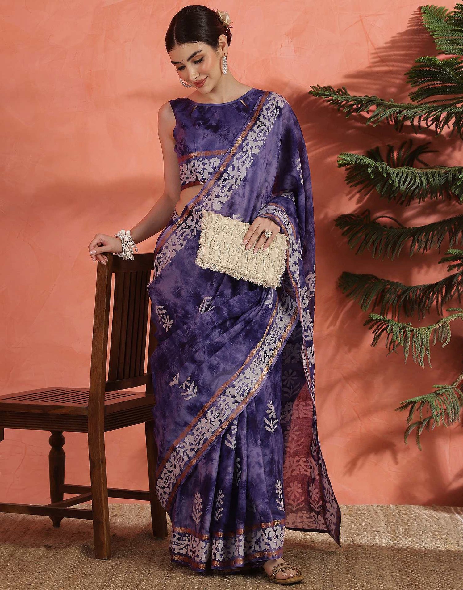 Purple Cotton Printed Saree