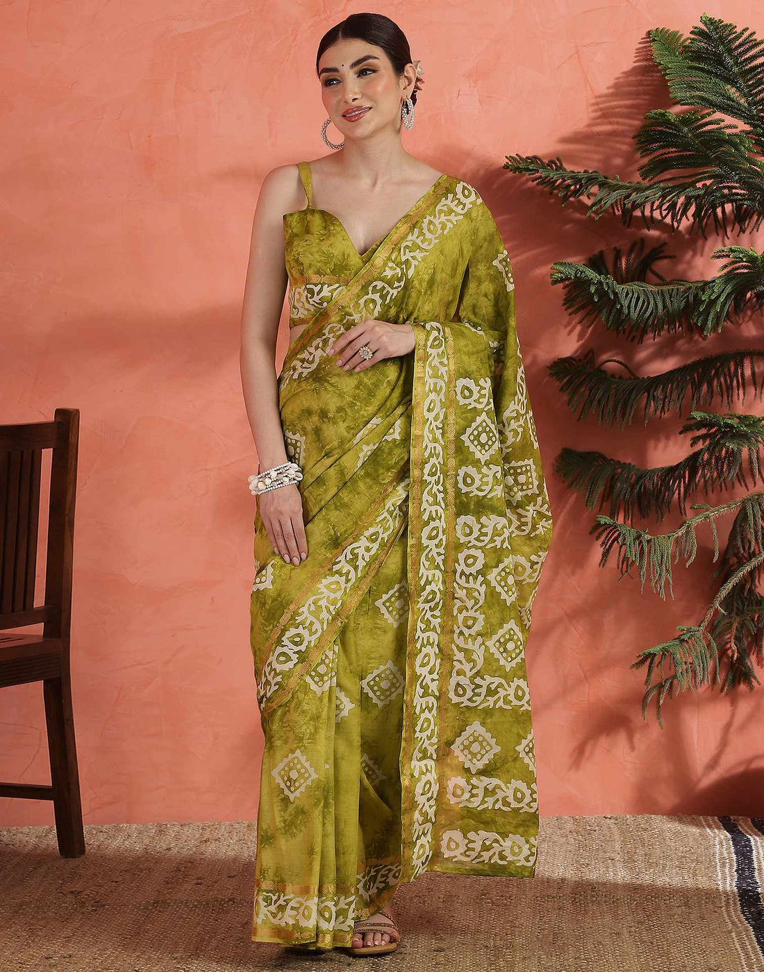 Mustard Green Cotton Printed Saree