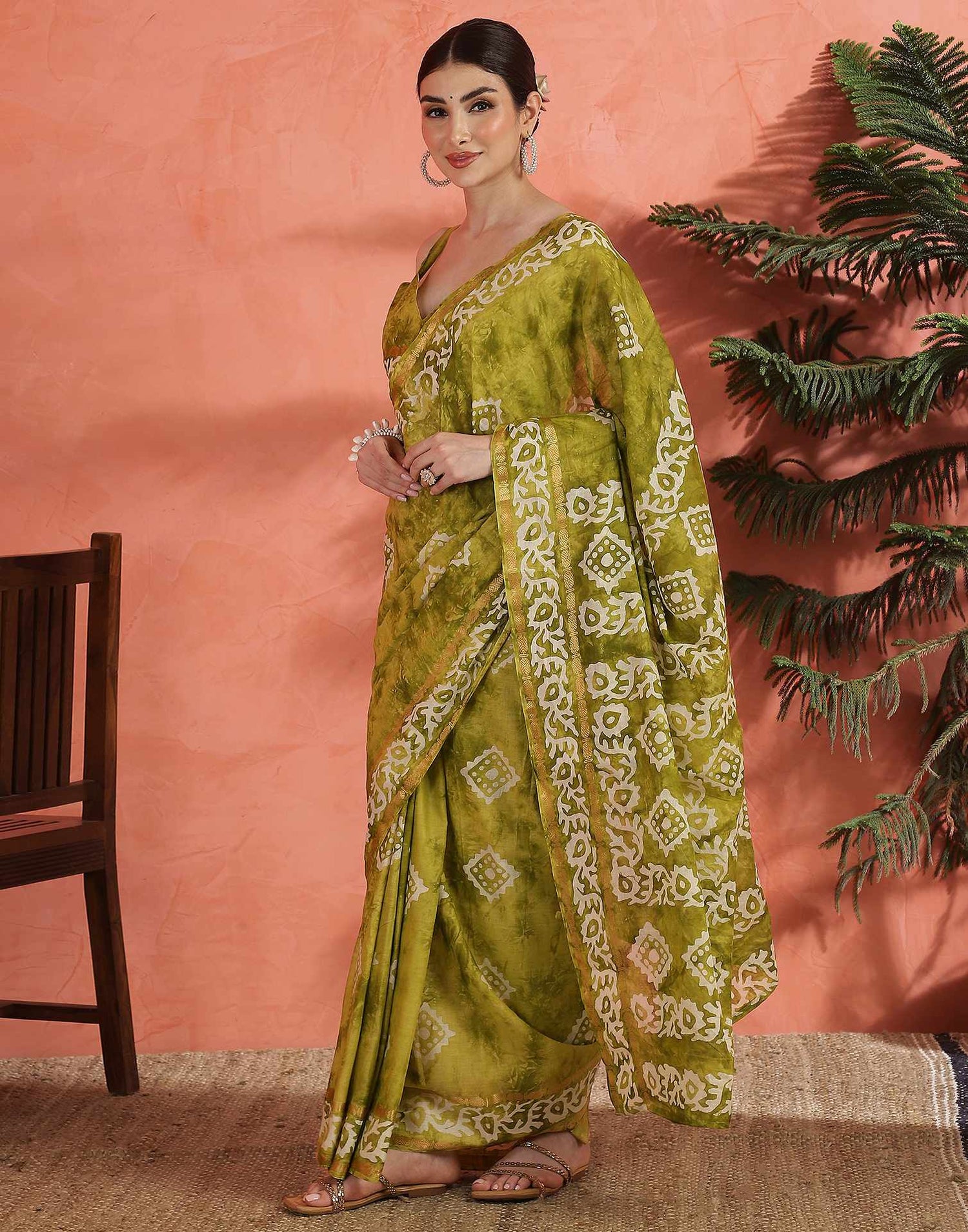 Mustard Green Cotton Printed Saree