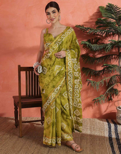 Mustard Green Cotton Printed Saree