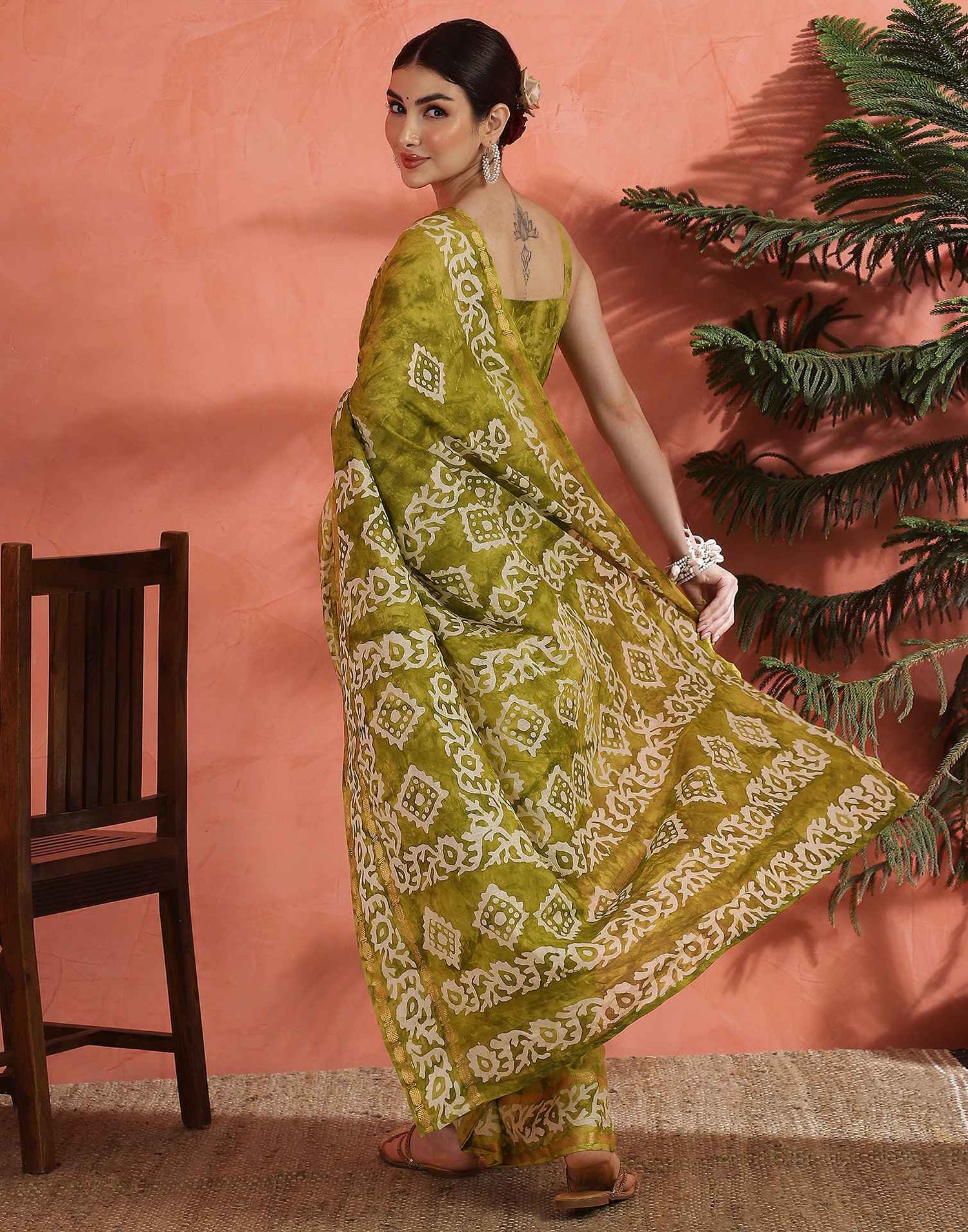 Mustard Green Cotton Printed Saree
